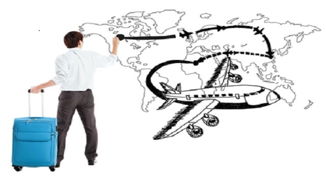 young businessman drawing airplane and airline path on the map