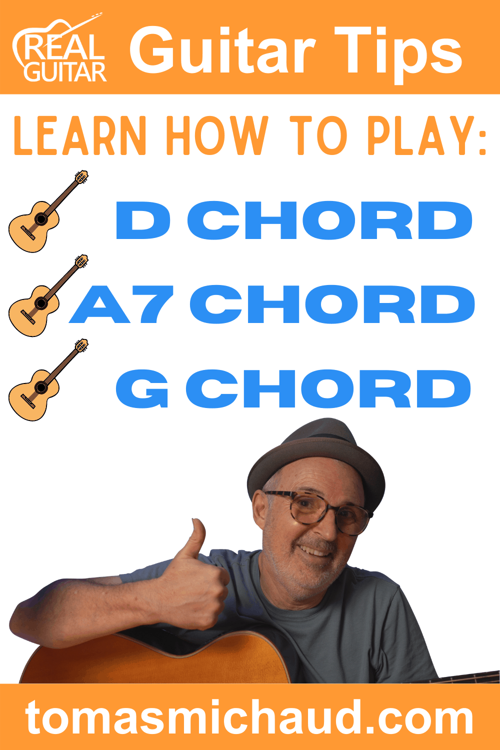 First Basic Guitar Chords Lesson 1-3 Learn How To Play the D Chord, A7 Chord, and G Chord